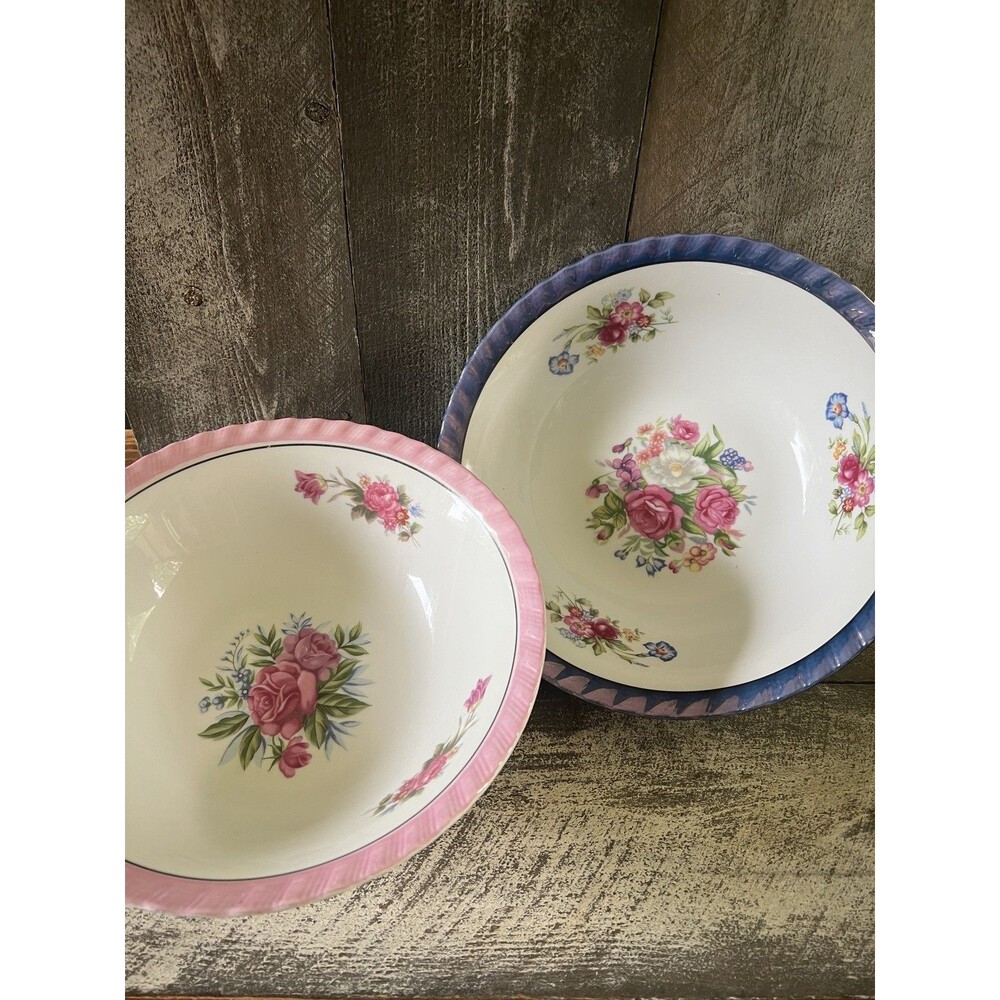 Lot 2 Lusterware Floral Soup Bowls 7" Iridescent Scalloped  Vintage Japan Serve
